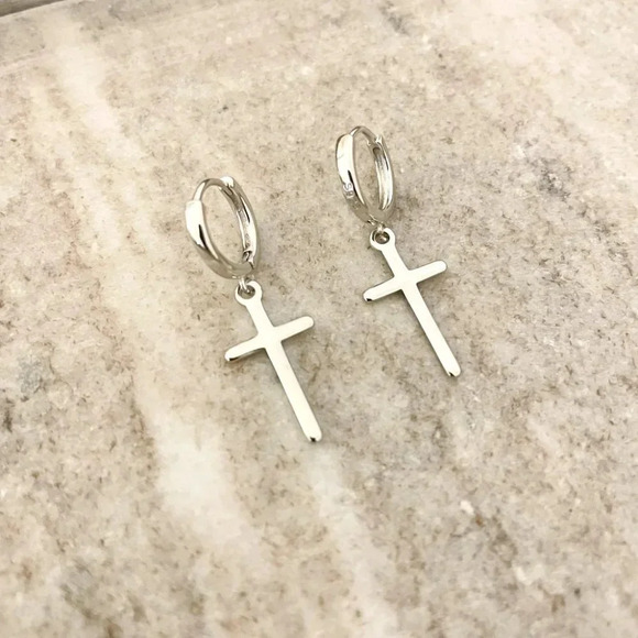 925 Sterling Silver Cross Earrings Cross Huggie Hoop Earrings Minimalist Hoops - Picture 2 of 4